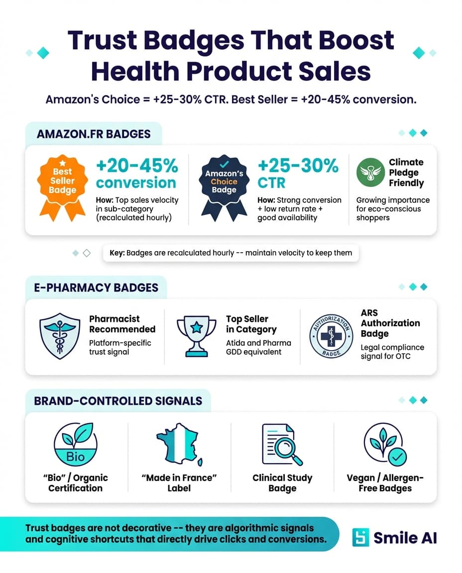 Infographie — Badges Best Seller, labels Amazon's Choice et autres signaux de confiance